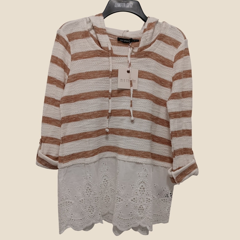 Blu Pepper Womens Striped Hooded Top White Tan Eyelet Lace Hem BA4193 Medium NWT
